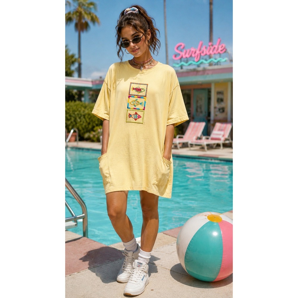Vintage Yellow Fish Embroidered T-Shirt Dress XL NWT USA Swim Cover Pockets 90s